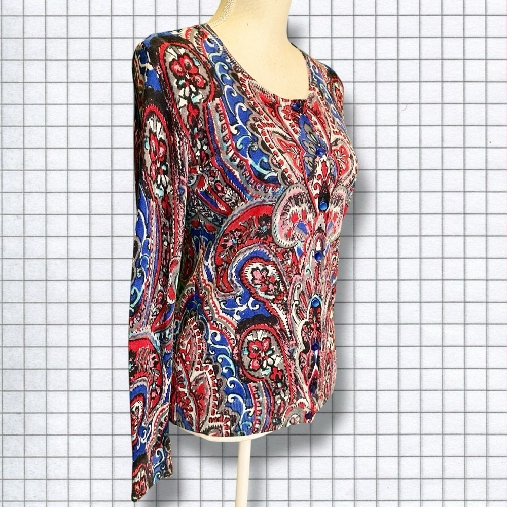 Talbots 100% Merino Wool Blue & Red Multicolor Brushed Paisley Cardigan Size S - Picture 12 of 12